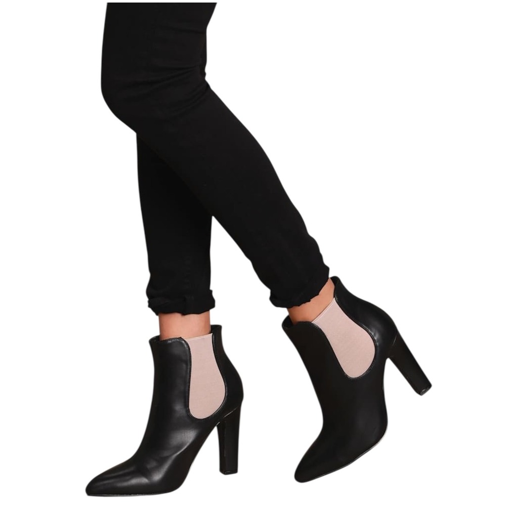 Lulus Rabea Vegan Leather Ankle Boots Sz 7.5 Black Nude 4" Block Heel